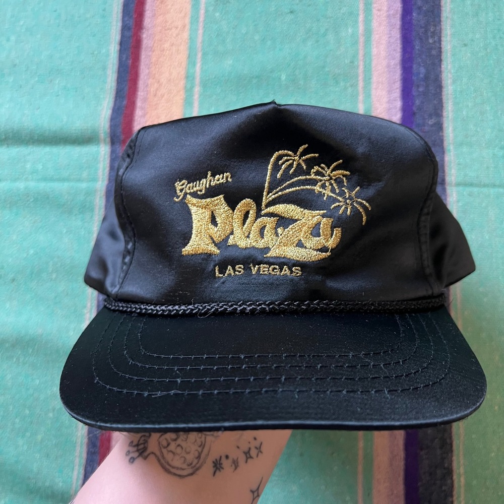Gaughan Plaza Las Vegas Hat Mens OSFM Black Gold Satin Snapback Vintage Souvenir